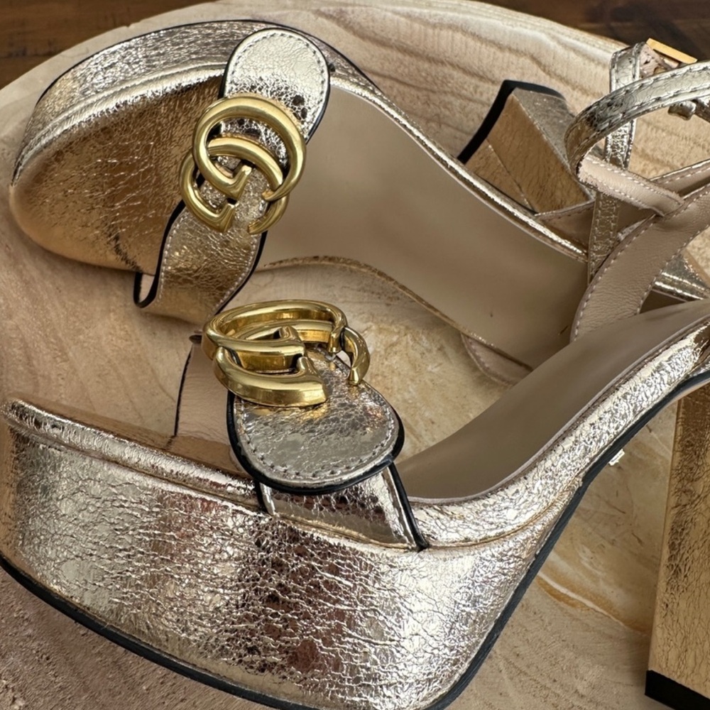 Gucci Marmont gold platform heels
